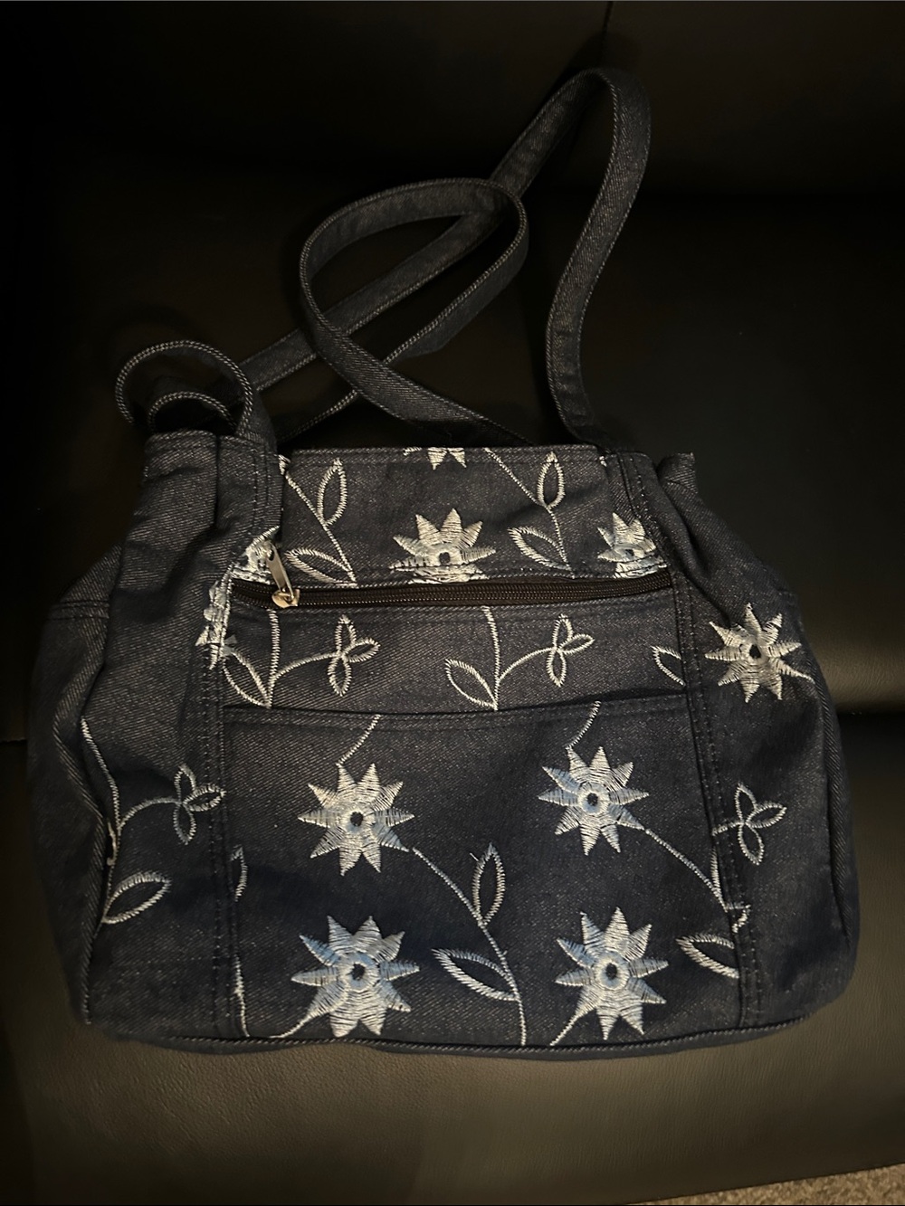 Embroidered Floral Shoulder Bag in Navy Blue